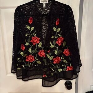 Joseph Ribkoff Black Lace Jacket with Red and Green Floral Design